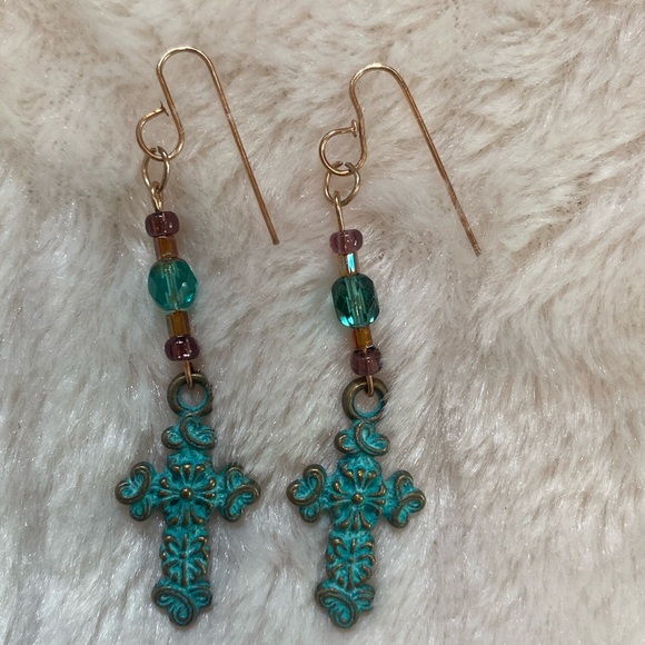 Pamela Reece Originals - verdigris metal
Cross and beaded earrings - Picture 1 of 2